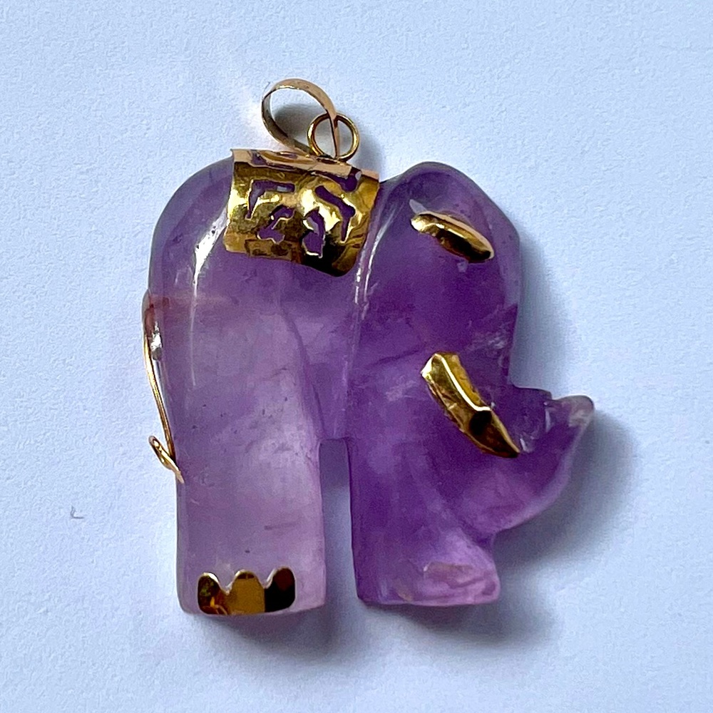 Vintage Carved Amethyst Elephant Pendant with 14k Gold Accents